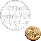 BAKERLOGY Happy Birthday Cookie Cutter - Round Biscuit Embosser for Celebration Baking, Detailed Fondant Stamp for Cakes, Cupcakes, Dough, and Clay