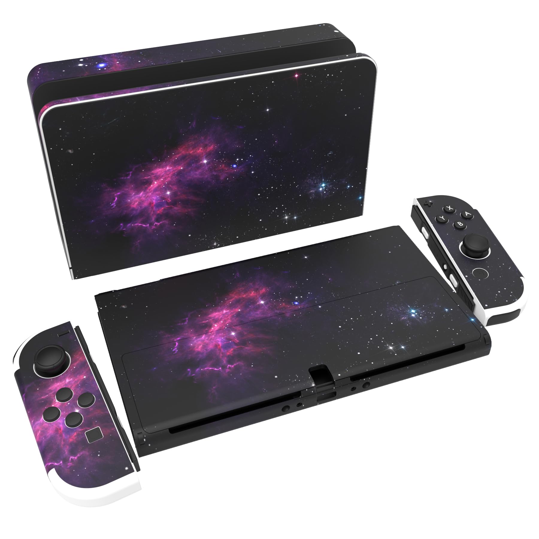 playvital Full Set Protective Stickers for Nintendo Switch OLED Model, Customized Vinyl Decal Skins for Switch OLED Console & Joycon & Dock & Grip - Purple Nebula