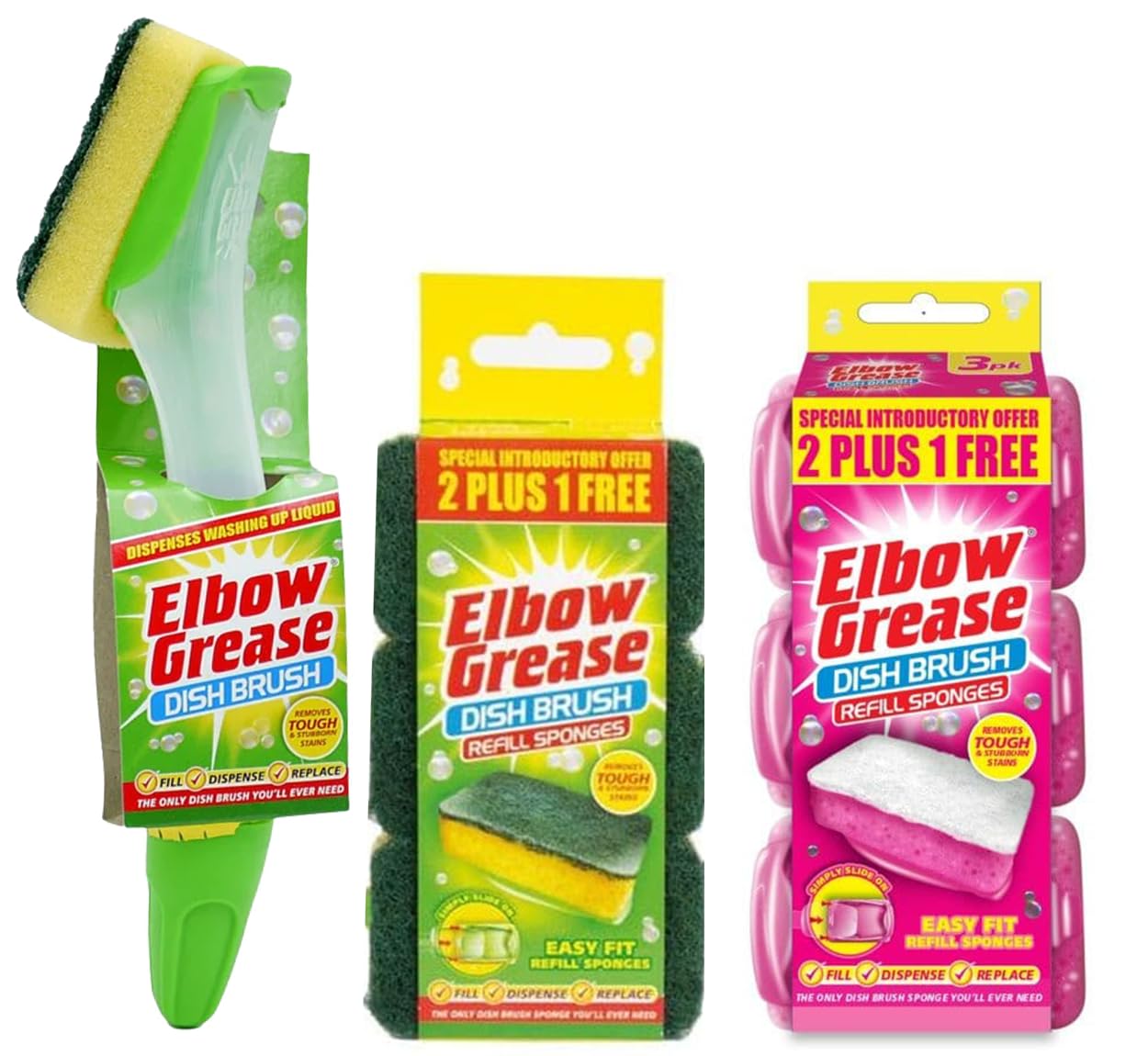 Elbow Grease Fillable Washing Up Brush with Sponge- Ergonomic Design Handle - with 3X Elbow Grease General Purpose Refills and 3X Elbow Grease Non-Scratch Refills