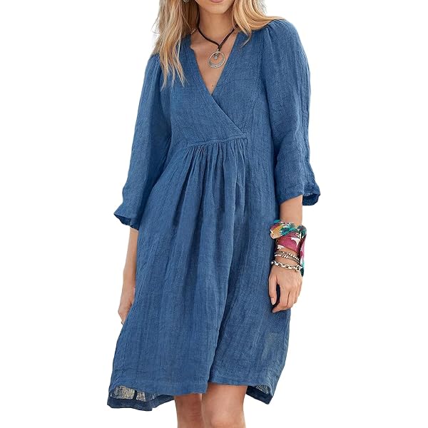 chinese dress ladies 100% Linen Natural Summer V-Neck Dress ALEXA  LINTICO