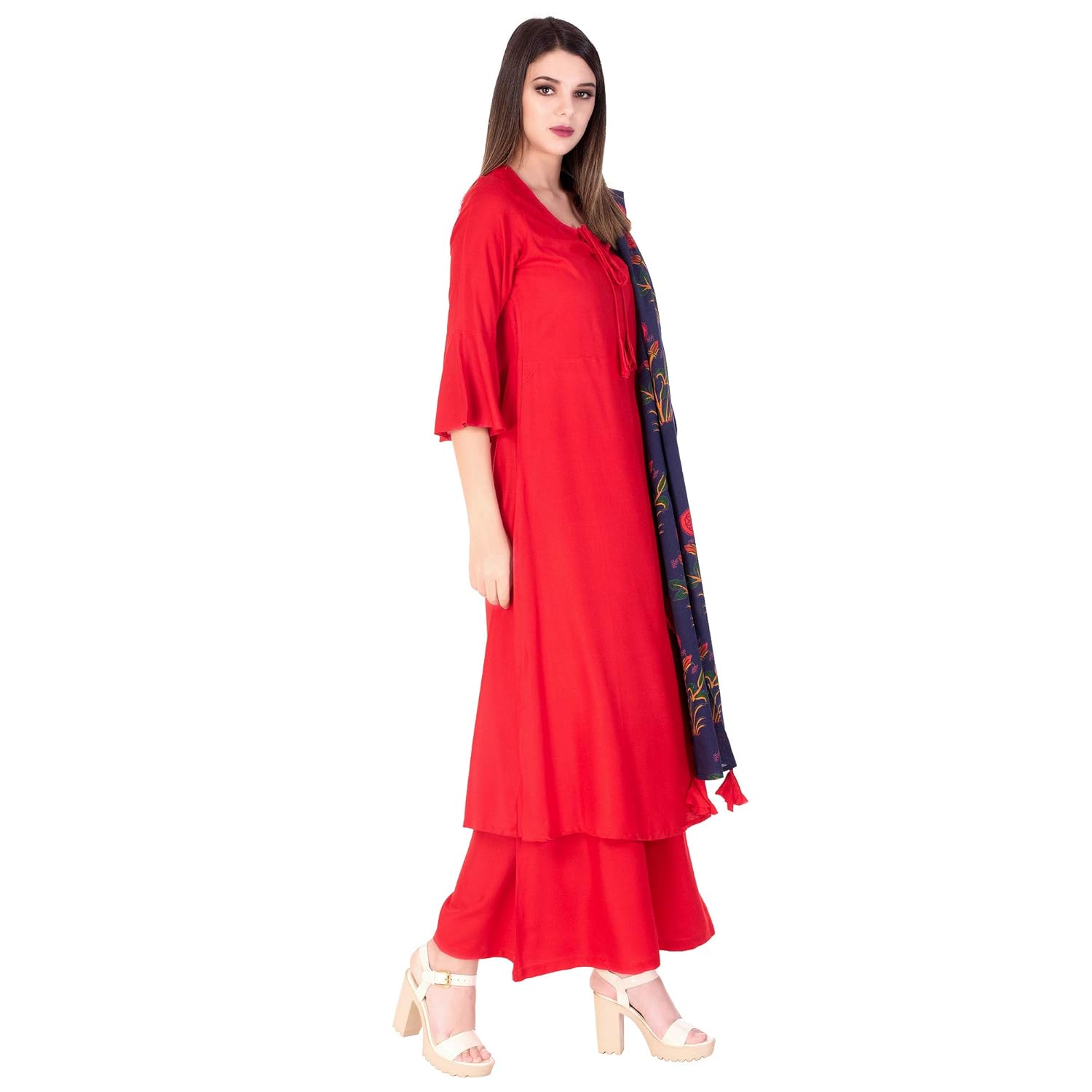 ortange readymade women's rayon kurta, palazzo with printed dupatta set