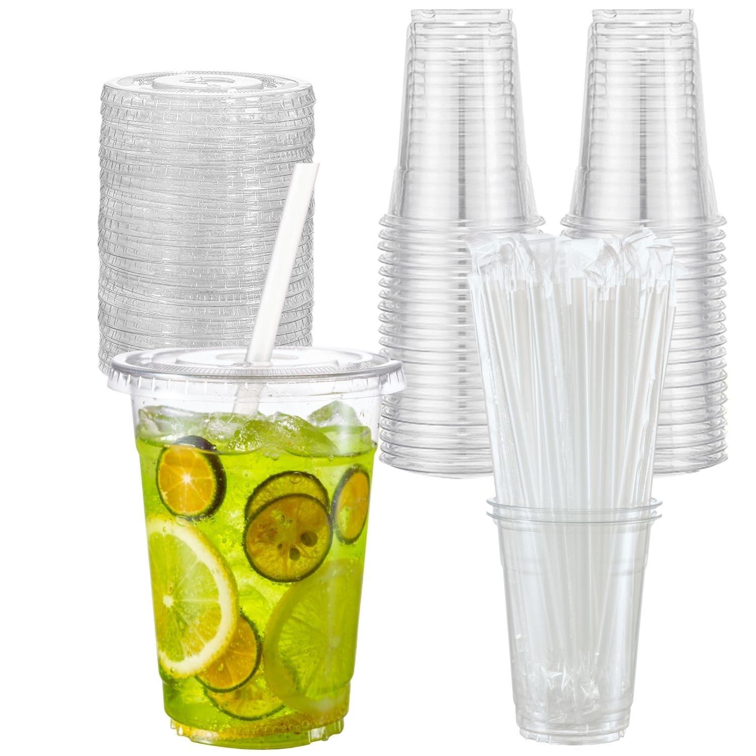 Photo 1 of 25 Sets 16 oz Clear Plastic Cups with Lids and STRAWS, Disposable Cups for Iced Coffee, Smoothie, Milkshake, Cold Drinks