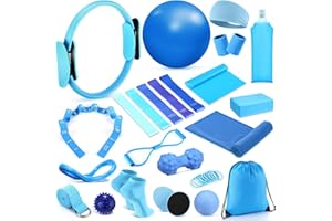Halloscume 24 Pcs Home Pilates Essentials Kit for Women, Pilates Equipment Ring and Ball Set with Stretching Strap, Water Bottle, Magic Circle, Yoga Ring, Gym Bag, Resistance Band, Anti Slip Socks
