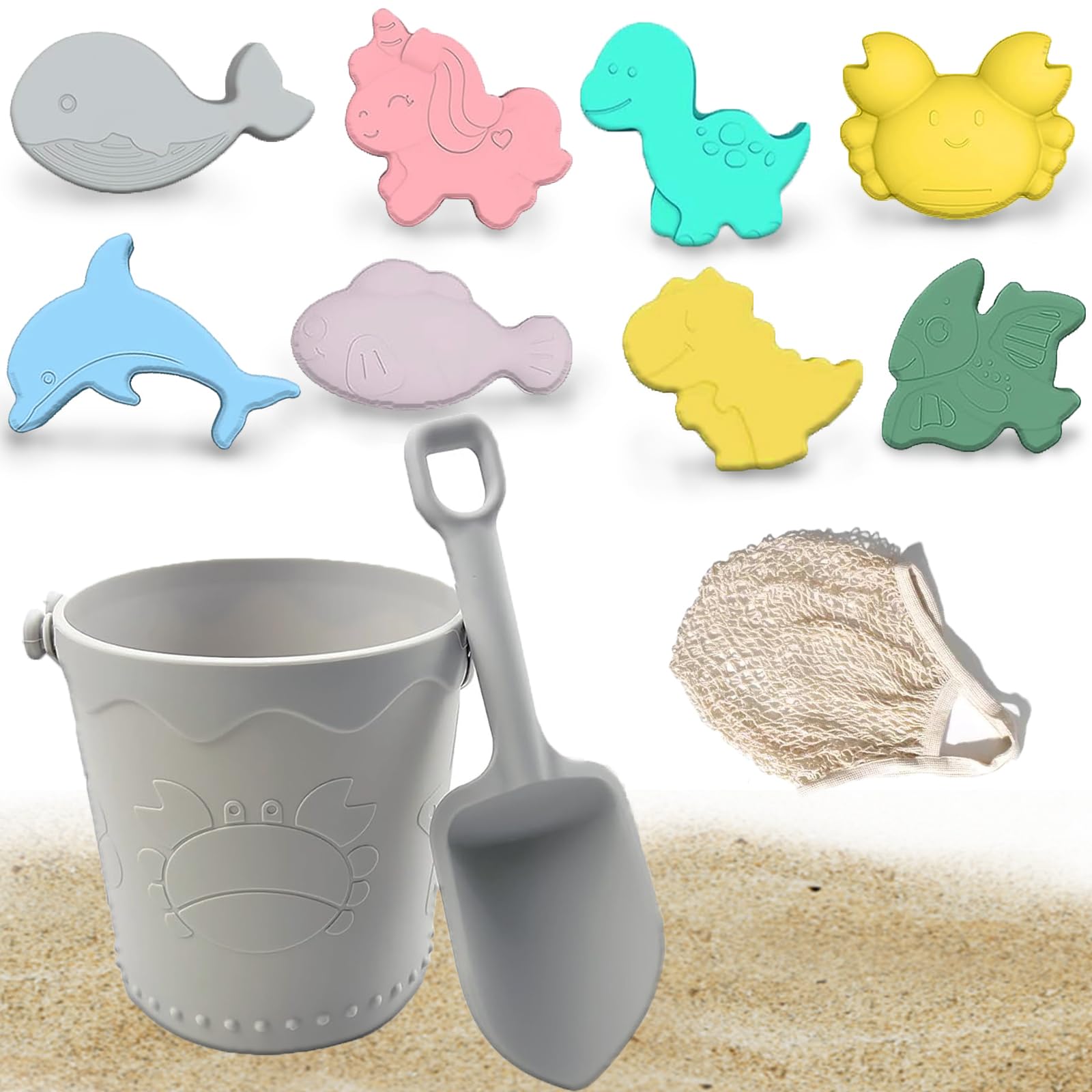 Photo 1 of 11Pcs Baby Beach Toys, Silicone Beach Toys, Baby Beach Essentials, Travel Friendly Beach Set, 1 Bucket, 1 Shovel, 8 Sand Molds, Beach Bag, Sand Toys for Toddlers 1-3 (Gray)