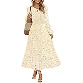 MEROKEETY Women's Fall Long Sleeve Floral Maxi Dress Lace Eyelet Hollow Out Tiered Boho Wedding Guest Dresses Pockets