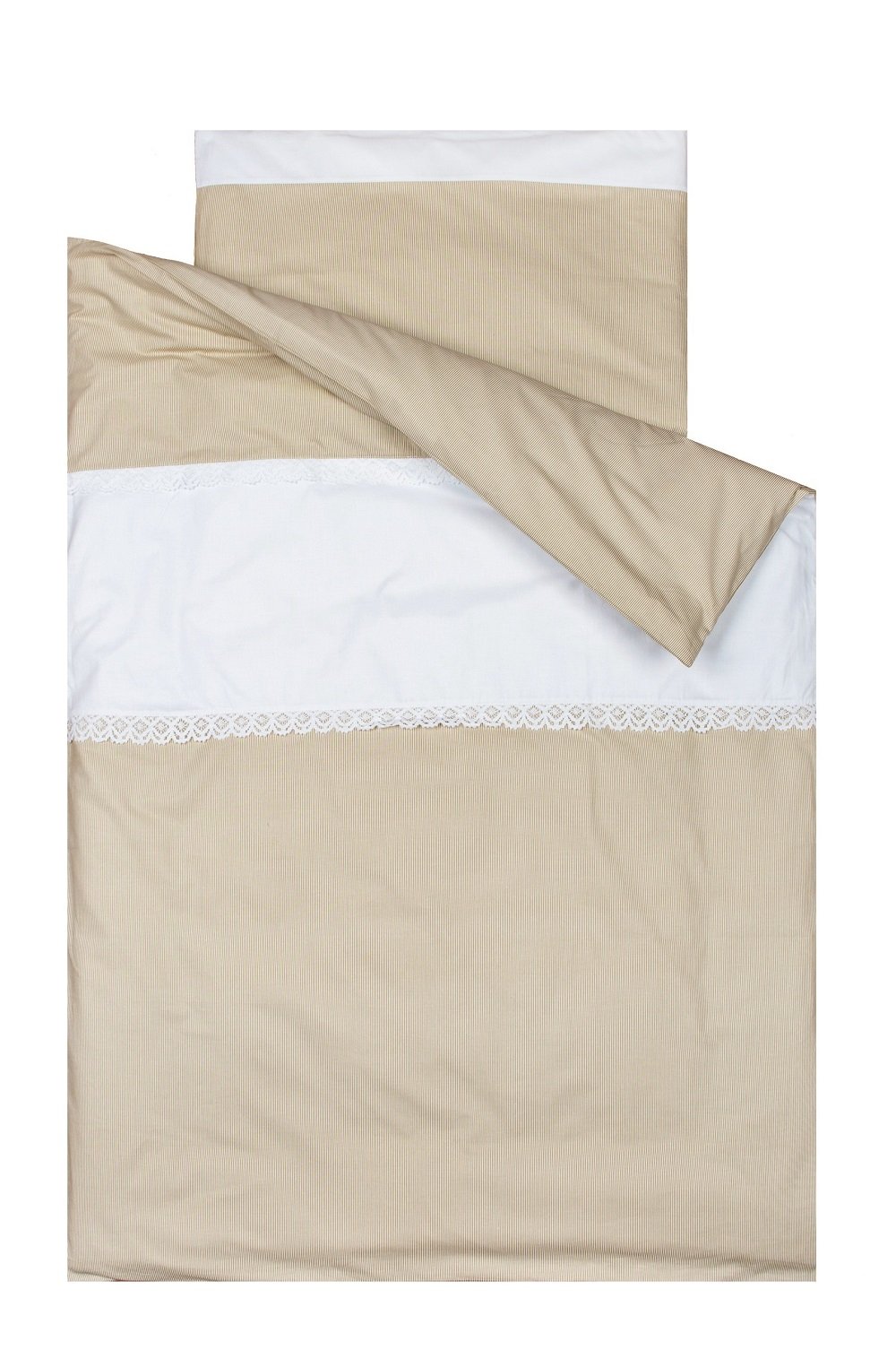 Vizaro - Duvet Cover Bedding Set - COT Bed 70x140cm - Pure Premium Cotton - Dim. 100x135cm, 30x60cm - Made in EU - OekoTex - Safe for Babies - C. Beige Stripes and Lace