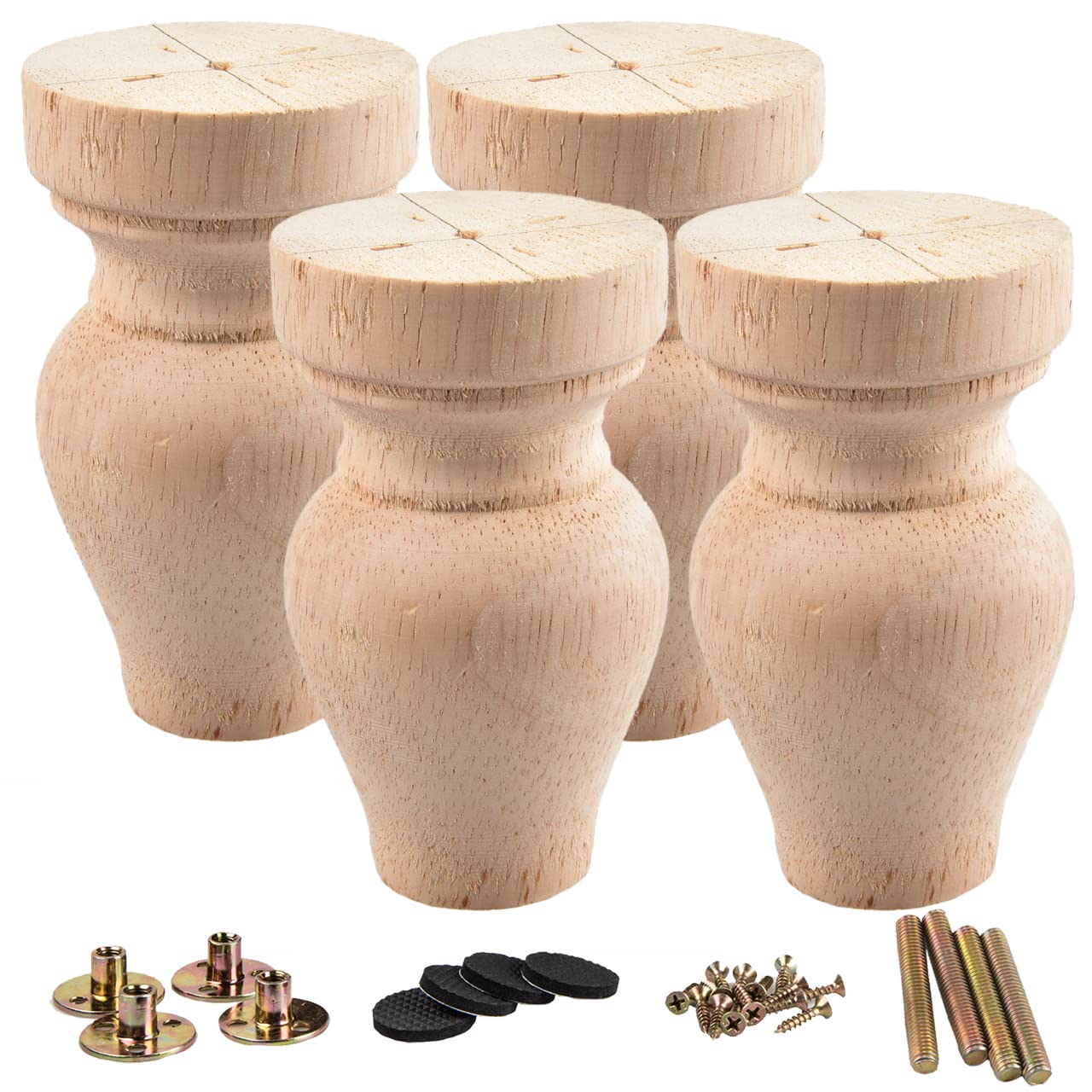 La Vane 4 inch / 10cm Wooden Furniture Legs, Set of 4 Solid Wood Carved Geometry Unfinished Replacement Bun Feet with Mounting Plate & Screws for Sofa Cabinet Couch Table TV Stand
