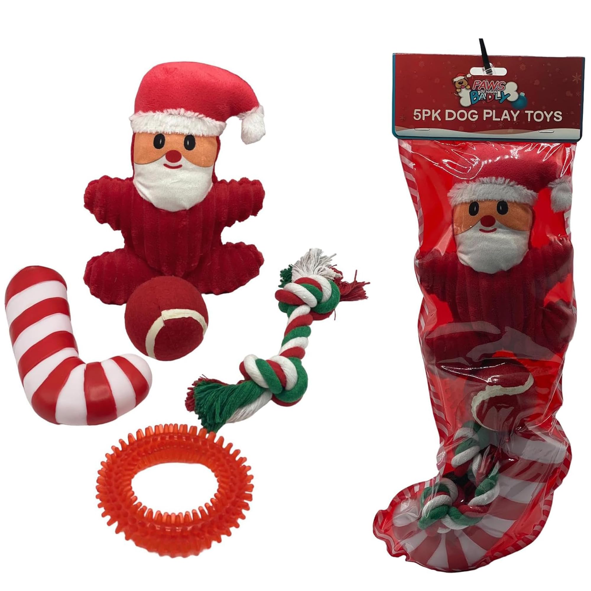 Dog Pack of 5 Interactive Christmas Pet Chew Toy Squeak Honking Dog Toys Santa Ginger Ball & Rope Xmas Puppies Doggy Toys Xmas Gift Pack (Pack Of 5)