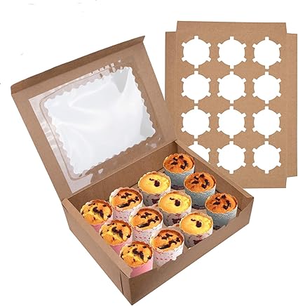 Amazon Jucoan クラフトカップケーキボックス容器 透明ディスプレイウィンドウ付き ブラウン カップケーキキャリアー 標準カップケーキ12個収納 クッキー マフィンやペストリー用 Jucoan 包装用品