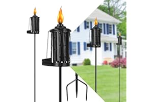 FAN-Torches Home Garden Torch Set of 4, 16oz Outdoor Metal Torch Garden Décor,59-Inch Upgraded Citronella Torches with 3-Prong Grounded Stake, Metal Light Torches for Party Patio Pathway