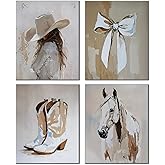 DOFQZ Western Coastal Cowgirl Wall Art Prints Set of 4, Coastal Cowgirl Room Decor, Neutral Country Western Coquette Bow Boots Horse Posters for Home Girls Bedroom Dorm Apartment Decor, 8x10 Unframed