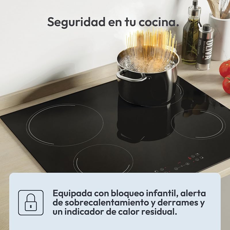 Candy Idea CH64CCB 4U2 Placa Cerâmica 4 Queimadores, 60CM, 10 Níveis de Potência, 6.5KW, Controles Centrais, Indicador de Calor, Bloqueio de Segurança, Superaquecimento e Alerta de Derramamento, Preto