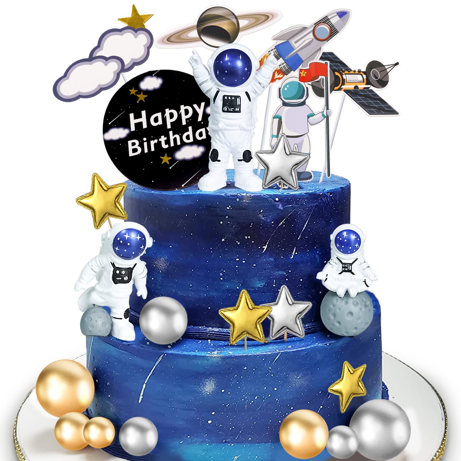 Photo 1 of 22Pcs Astronaut Space Cake Toppers Outer Space Cake Decorations Outer Space Themed Party Supplies Astronaut Figurines Planet Rocket Stars and Pearl Balls DIY Cake Toppers for Kids Birthday Baby Shower