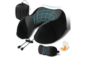 ELVODOSIA Travel Pillow, Memory Foam Neck Pillow for Traveling, U Shape Neck Pillow Airplane Portable Flight Pillow Travel Kit with 3D Contoured Eye Masks and Earplug for Plane Train Car Home Office - Black