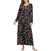 Ekouaer Women's Long Sleeve Nightgown Full Length Sleepwear Long Sleepshirts Henley Sleep Dress S-4XL