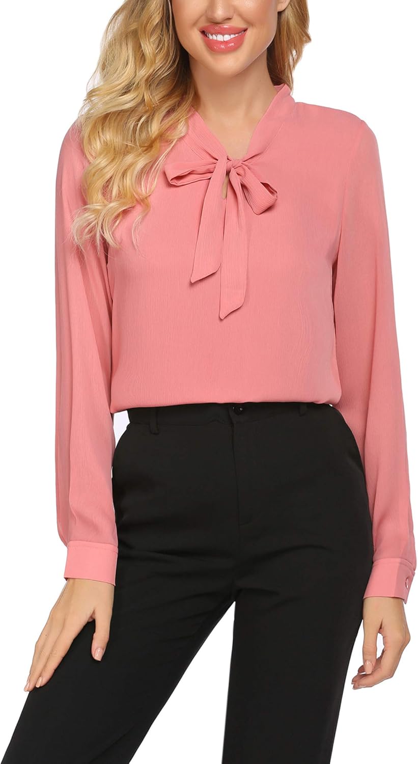 Chigant Women Bow Tie Neck Chiffon Blouses Sheer Long Sleeve Shirts Work Office Blouse Top: Clothing