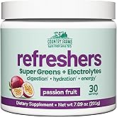 Country Farms Refreshers, Super Greens and Electrolytes, Essential Minerals and Superfoods, Hydration Support, Promotes Natural Energy, with Fiber, Passion Fruit, 30 Servings