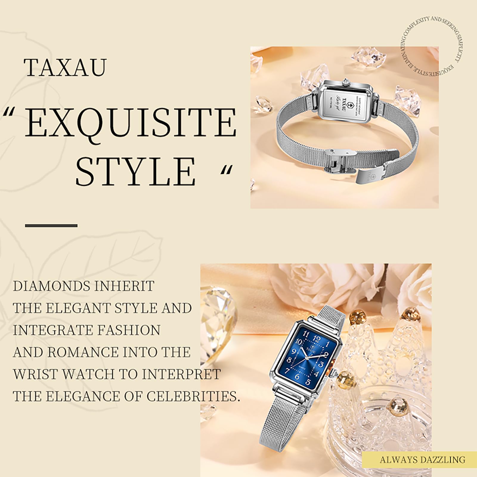 Taxau Damen Uhren Damenuhr Einstellbar Anspruchsvoll Damen Blaues Quadratisches Zifferblatt Kompakt Damenuhren Silberner Gurt Luxus Uhr Wasserdichtes Quarzwerk Watch for Women 9