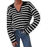 EVALESS Sweaters for Women Long Sleeve V Neck Striped Knit Drop Shoulder Fall Jumper 2025 Henley Pullover