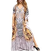 IMAGEKOPE Women's Plus Size Moroccan Print V-Neck Batwing Kaftan Loose Fit Beach Dress Bathing Suit Cover Up