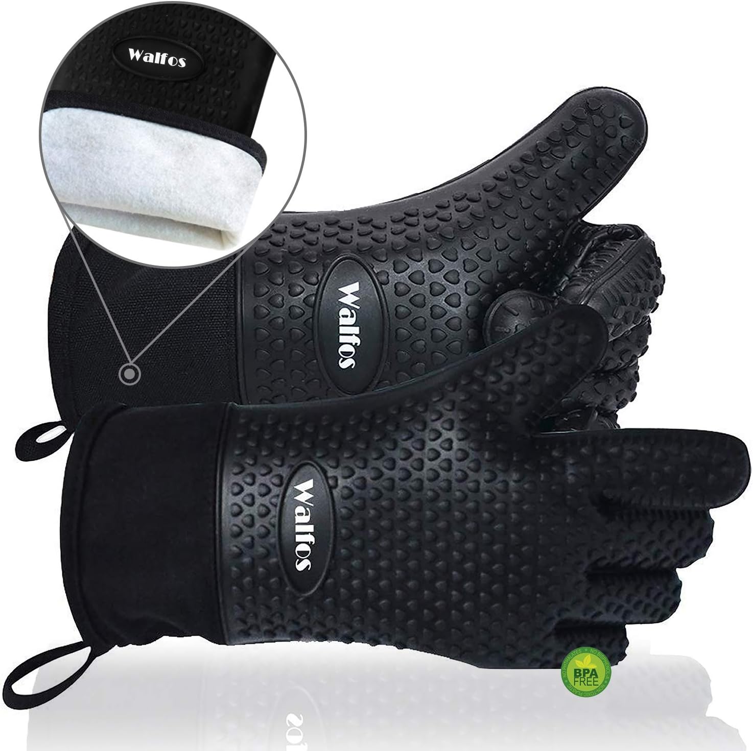 Walfos Grilling Gloves - Heat Resistant Silicone Oven Mitt, Premium Non-Slip Silicone Internal Protective Cotton Layer, Waterproof, Great for Grilling, Kitchen and Cooking (Black): Kitchen & Dining