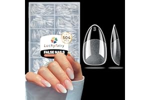 LUCKYFAIRY Short Almond Nail Tips: 504pcs Tri-Layer Core Soft Gel Nail Tips, Pre-Etched Short Fake Nails, 12 Sizes Half Matte Full Cover Clear Press on Nails Extension DIY Home for Flat & Natural Nail Beds