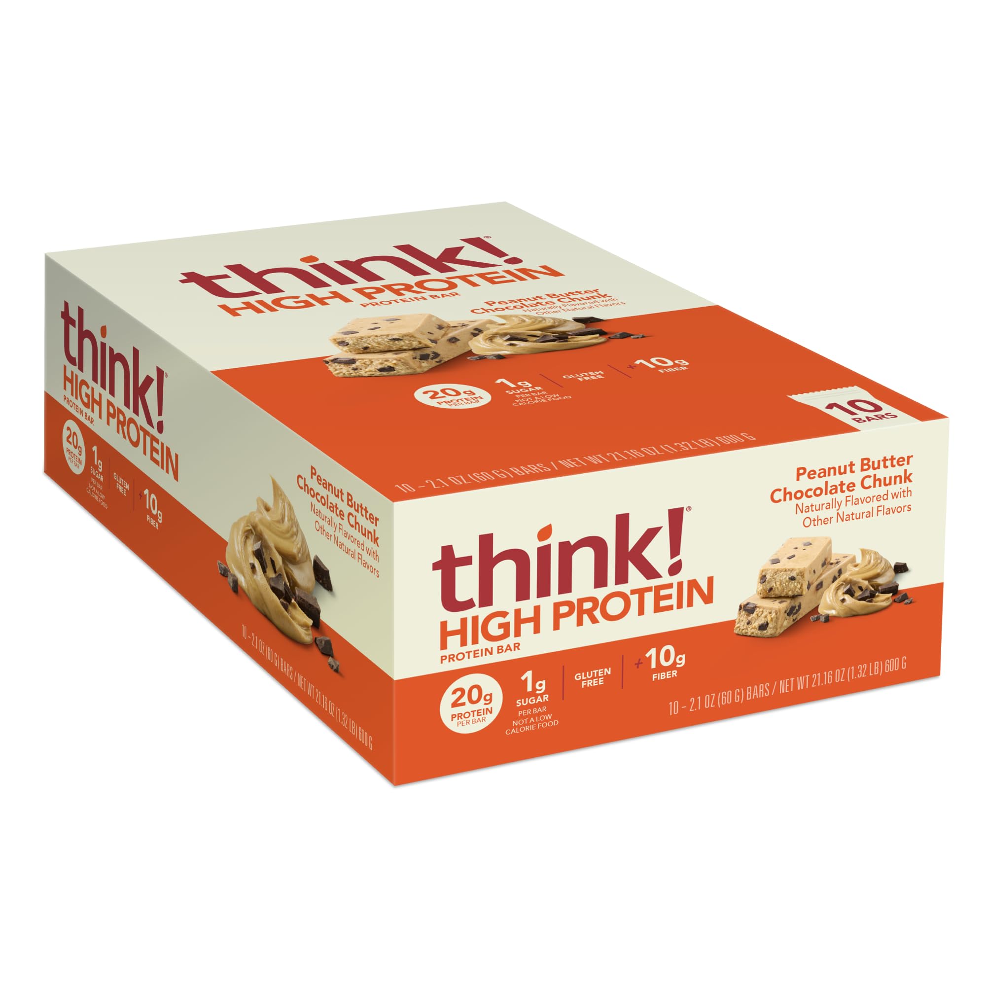 Photo 1 of **BB 7/31/25**think! Protein Bars, High Protein Snacks, Gluten Free, High Fiber, Peanut Butter Chocolate Chunk, 10 Count