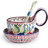 silesia Handmade Loop Handle Soup Bowl, Plate and Spoon Set Ceramic Hand Painted Cereal Bowl Great for Soup, Ice cream, Snack, Stew in Gift Box, Dishwasher &amp; Microwave Safe, Polish Garden