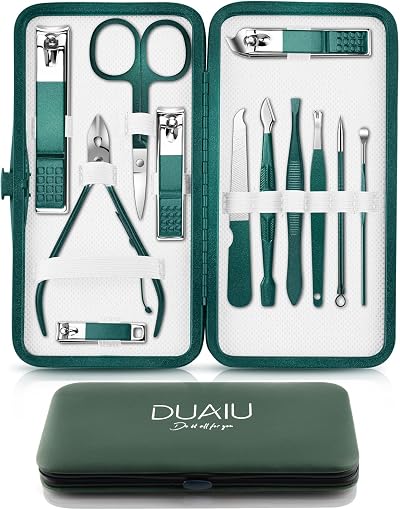 DUAIU 12PC Nail Clippers Manicure Set Stainless Steel with Leather Case