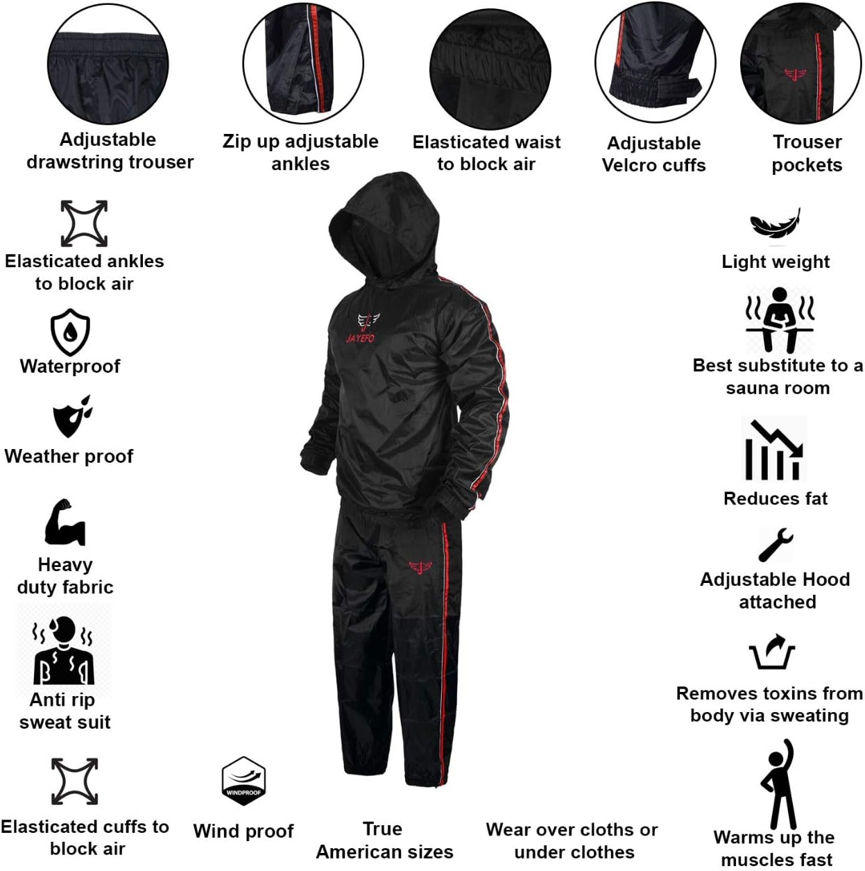 Jayefo Sauna Suit with Hood Full Body Sweat Suit Hot Waist Trainer Waterproof Non Rip Fitness Gym Running Boxing MMA Suit Shaper Heat Trapping Suit. : Sports & Outdoors