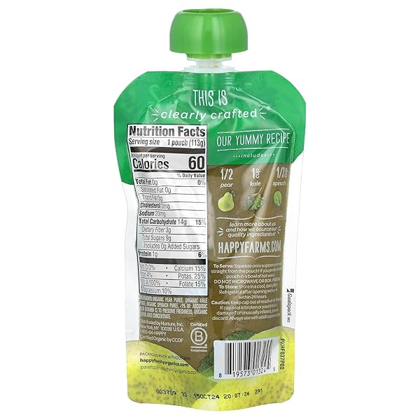 HAPPY BABY ORGANICS STAGE 2 BABY FOOD POUCHES, GLUTEN FREE, VEGAN & HEALTHY SNACK, CLEARLY CRAFTED FRUIT & VEGGIE PUREE, PEARS, KALE & SPINACH, 4 OUNCES (PACK OF 1)