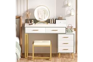 ARMOCITY Vanity Desk with Mirror and Lights, Makeup Vanity Table Set with 6 Storage Drawers, Stool and Divided Organizers, Dressing Table with 3 Color Lighting Options for Women Girls, White and Cyan