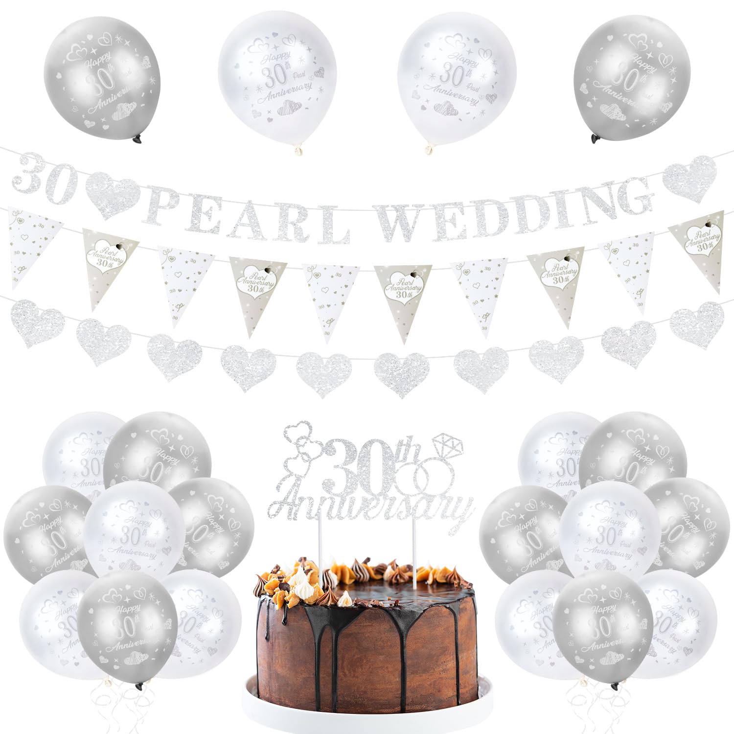 30th Pearl Anniversary set, Happy 30th Pearl Wedding Ballons, 30 Wedding Anniversary Bunting Banner, Cake Topper, Pearl Triangle Flag Party Supplies — image 1