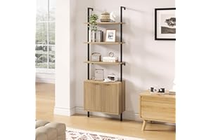 FIVEWILLOWISE Ladder Bookshelf with Cabinet, 71" Tall Wall Bookshlef with Shelves & Storage, Rattan Ladder Shelf with Metal Frame, 6-Tier Black bookcase for Living Room, Home & Office, Bedroom, Natural & Black