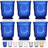 Cobalt Blue Glassware drinking glasses Set of 6, Handcrafted 8-Ounce Cups with Vintage Sunflower Pattern, Sturdy Lead-Free, Dishwasher Friendly blue drinking glasses with matching highball and goblets