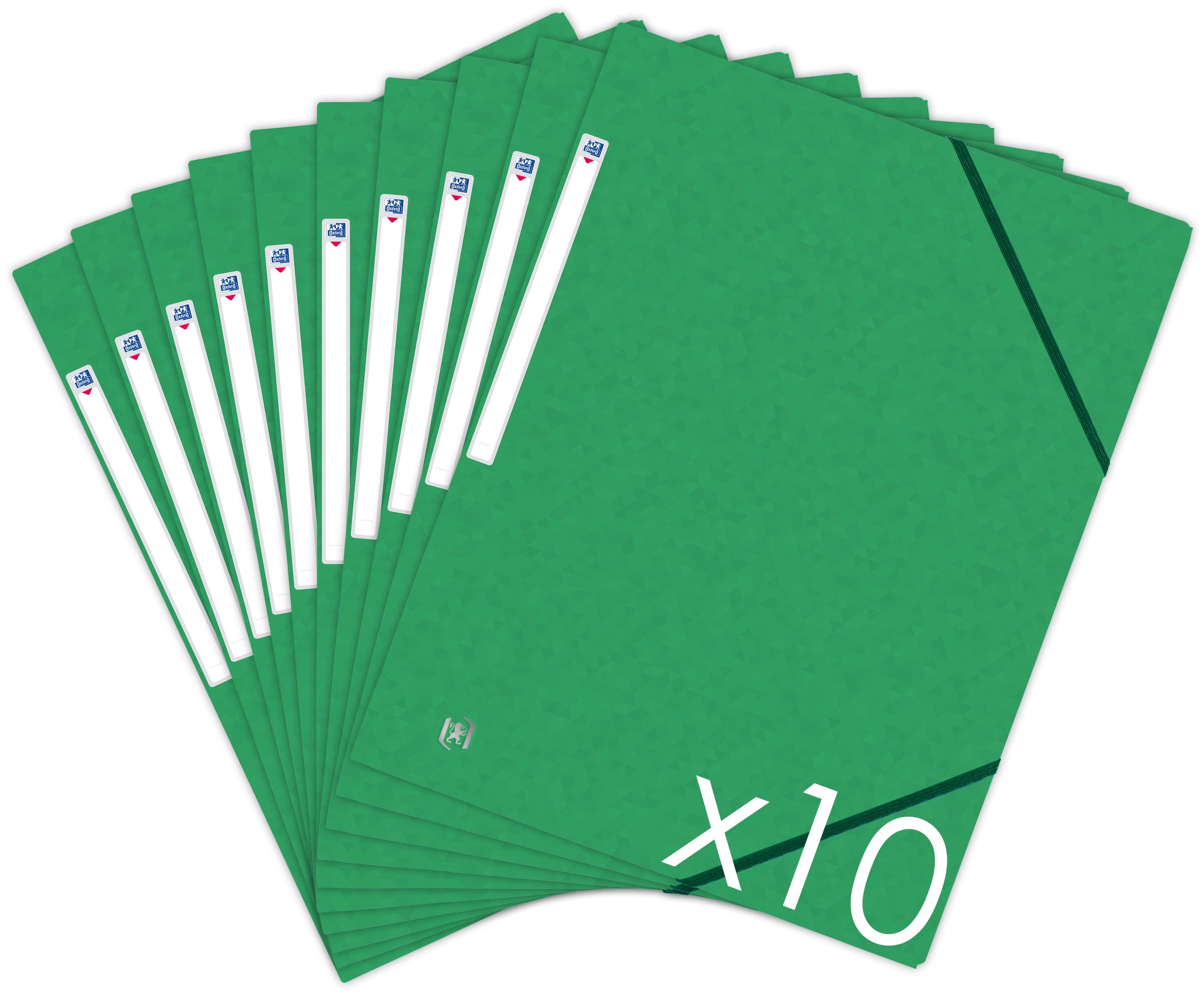Oxford Topfile+ Pack of 10 Cardboard Folders with 3 Flaps - A4 Format with Elastic Closure - Green