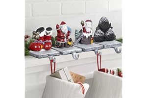 TECANA 3D Christmas Stocking Holders for Mantle Set 4 - Heavy Duty Cast Iron Stocking Hangers for Mantel | Santa Claus Stocking Hooks | Pinecone Christmas Boots-Shaped Fireplace Stocking Holders