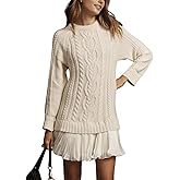 Rseoutlh Women's Cable Sweater Dress Knit Long Sleeve Pleated Crew Neck Patchwork Pullover Patchwork Mini Dress