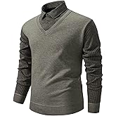 Mens Striped Lapel Fake Two-Piece Shirt, Men Long Sleeve Faux 2-Piece Knitted Shirt, Business Work Casual T Shirt Top