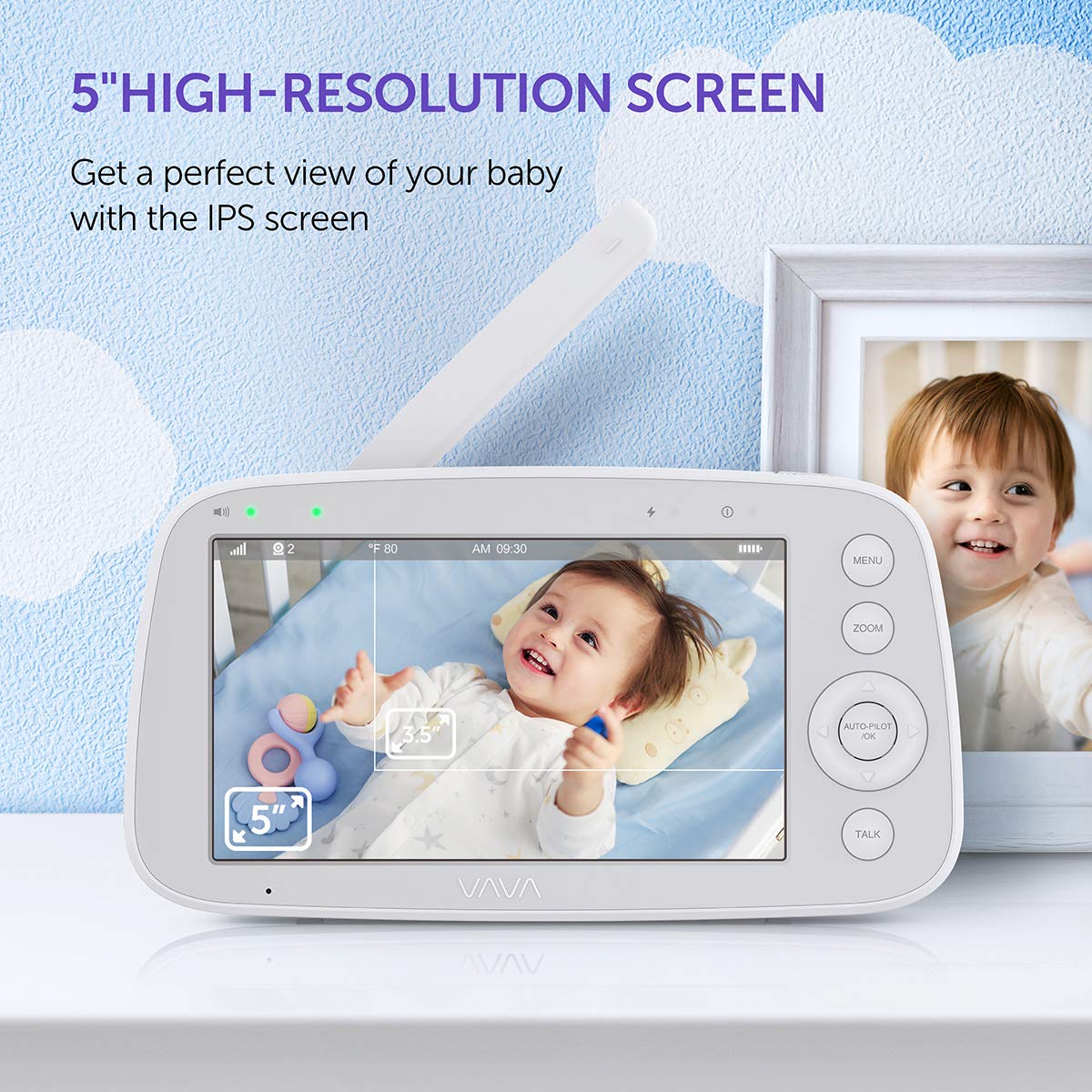Baby Monitor, VAVA 720P 5" HD Display Video Baby Monitor with Camera and Audio, IPS Screen, 900ft Range, 4500 mAh Battery, Two-Way Audio, One-Click Zoom, Night Vision and Thermal Monitor: Baby