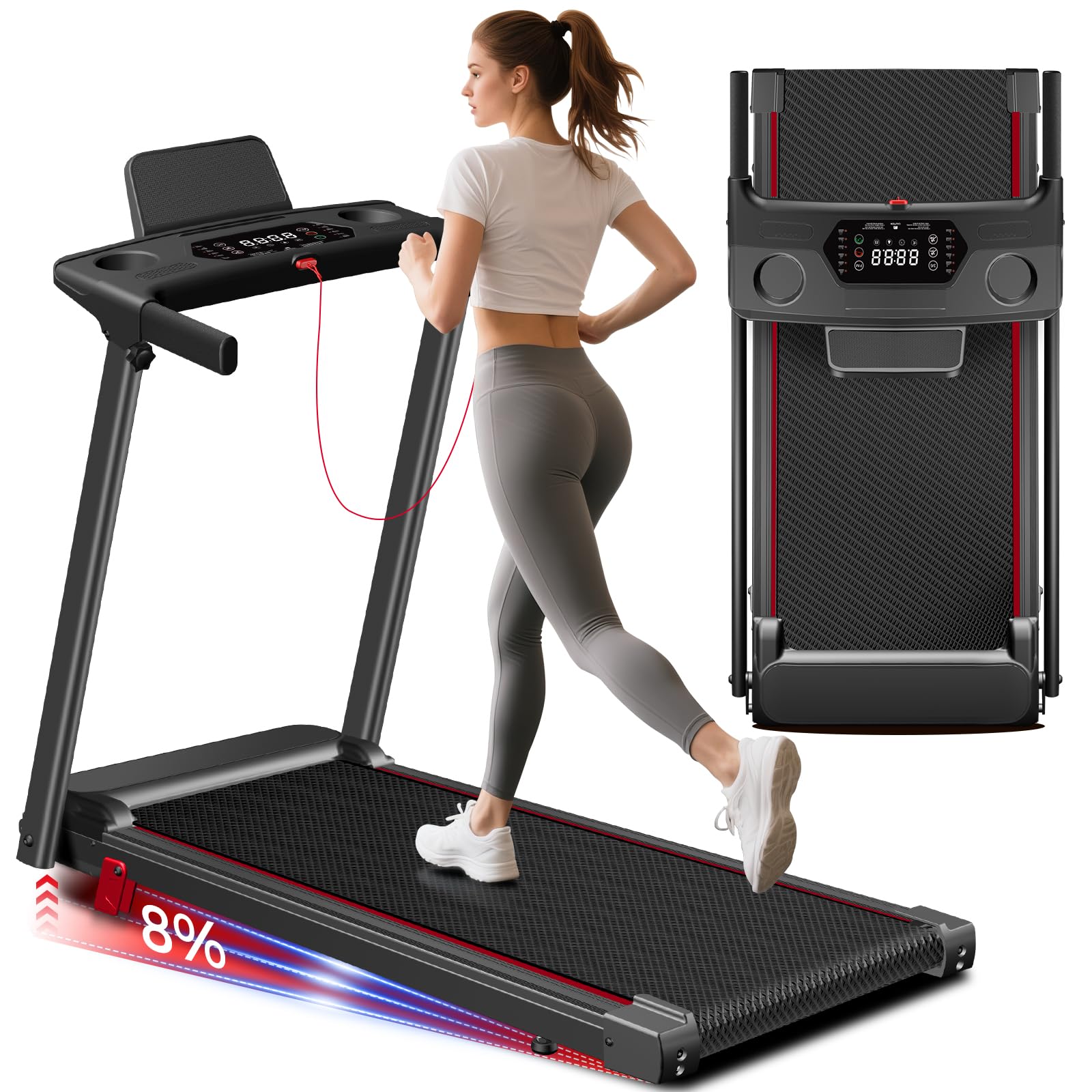 Photo 1 of Treadmill with Incline 3-in-1 Portable Treadmills for Home Small, Incline Walking Pad Treadmill with Handle Bar, Walking Pad Foldable with 3.0HP Quiet Brushless, LED Dispay, 300LBS Capacity Black