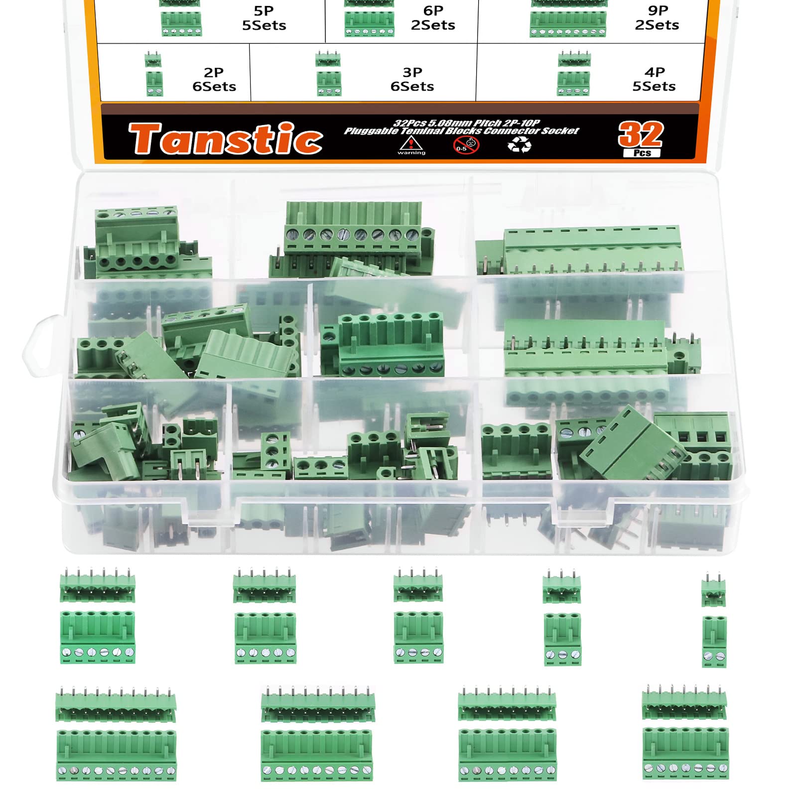 Tanstic 32 Sets Terminal Blocks, 5.08mm Pitch 2/3/4/5/6/7/8/9/10 Pin 10A 300V PCB Mount Screw Pluggable Male Female Terminal Block Connector
