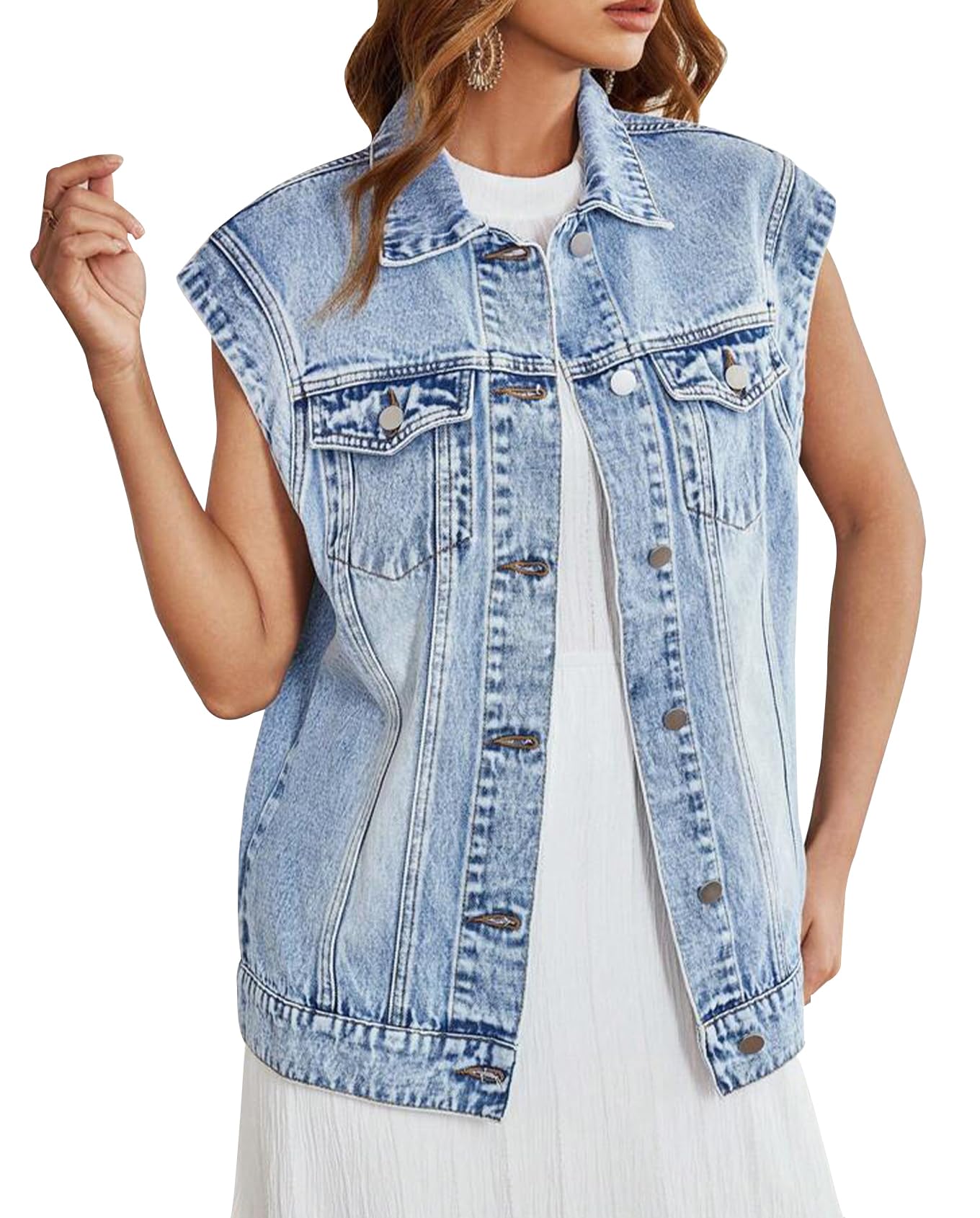 Photo 1 of LifeShe Denim Jean Vest for Women Oversized Sleeveless Button Down Denim Jean Vest Waistcoat Shacket Jacket