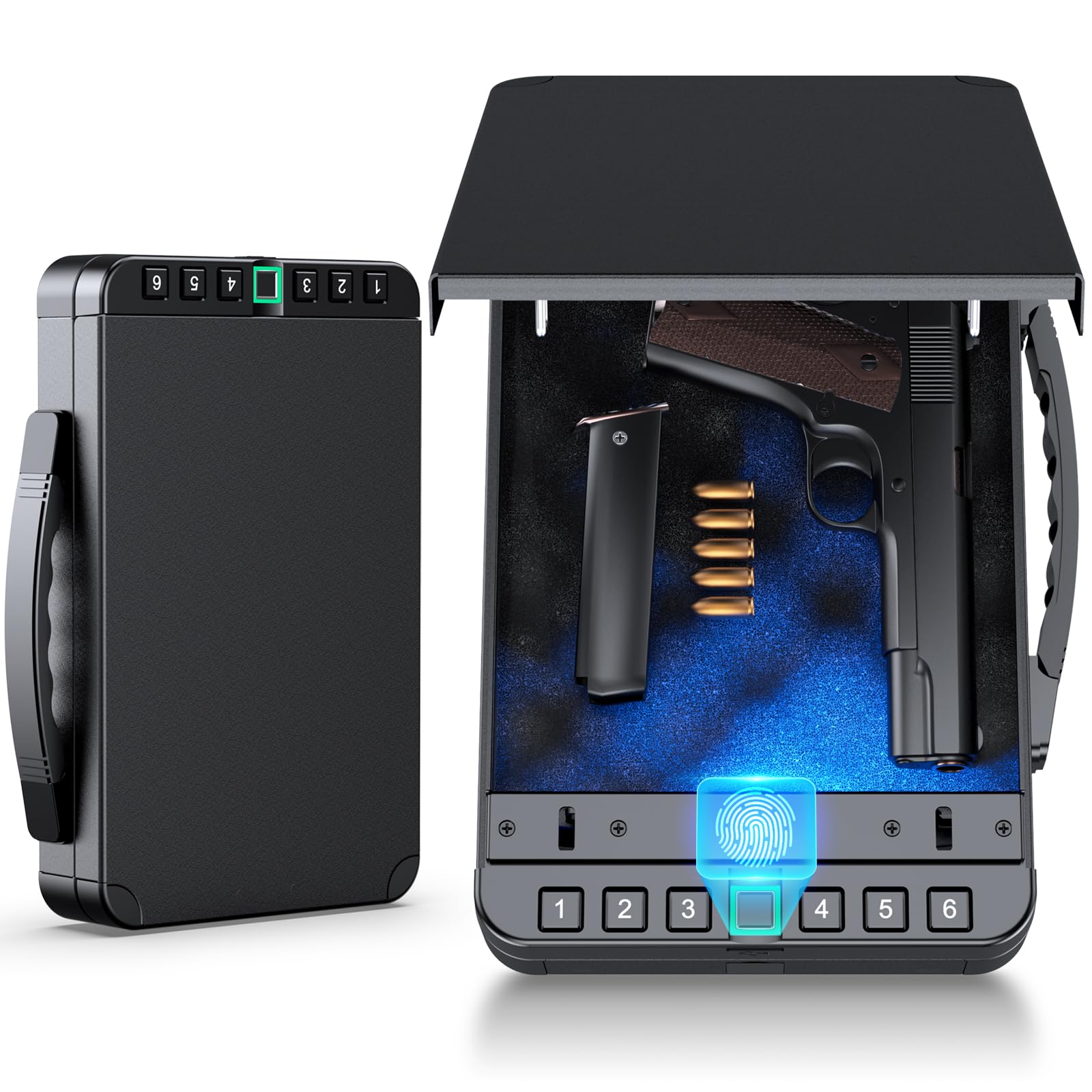 Photo 1 of TLITLIING Portable Biometric Gun Safe for Handguns & Pistols - Car Gun Safe with Fingerprint & Keypad Lock | Fits Nightstand, Bedside & Vehicle | USB Rechargeable Pistol Case, Black