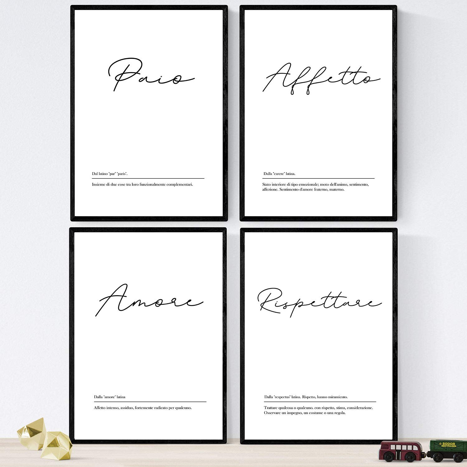 Nacnic Set four sheets with definitions of words in English. Poster 'Le coppie' of words with definitions. A4 unframed