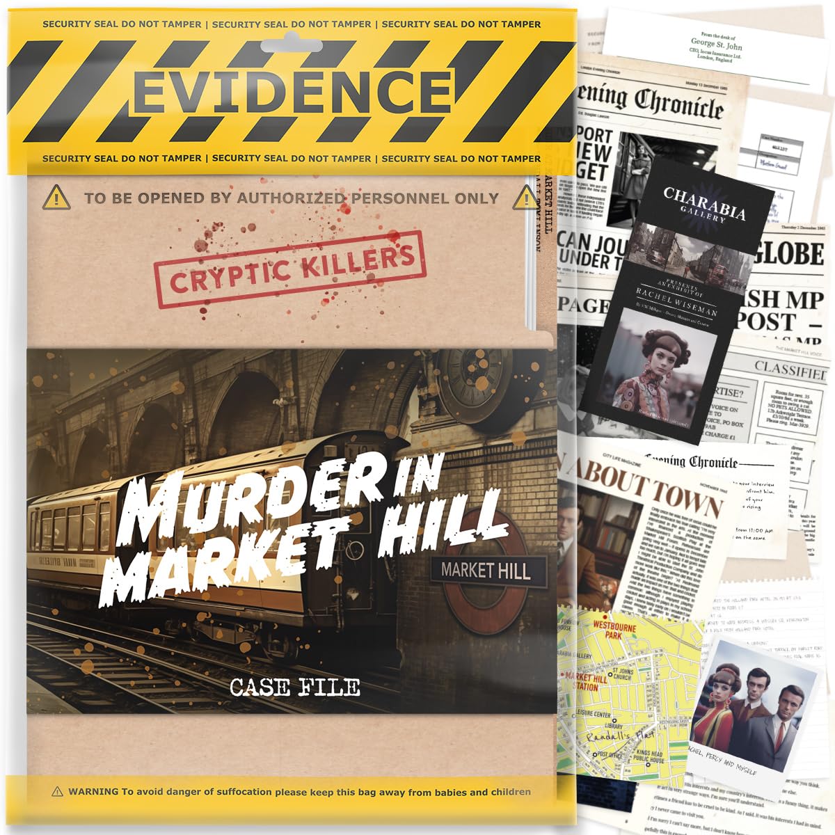 Unsolved murder mystery game - Cold Case Files Investigation - CRYPTIC KILLERS - Detective Evidence & Crime File - individuals, date nights & party games- "Murder in Market Hill"