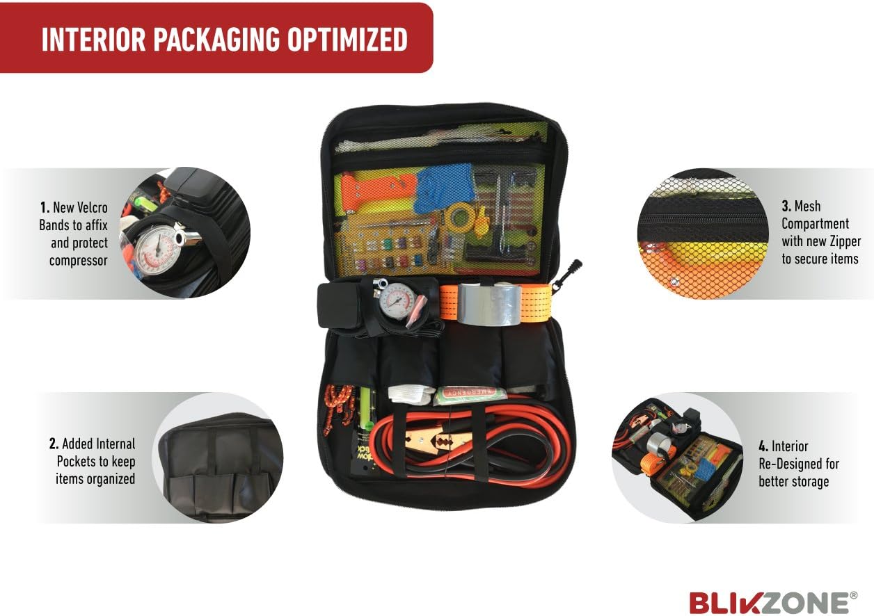 BLIKZONE Auto Roadside Assistance Car Kit Classic 81 Pc for Vehicle Emergency: Portable Air Compressor, Jumper Cables, Tire Repair Kit and All The Essential Tools, Accessories and Stuff to Drive Safe: Automotive