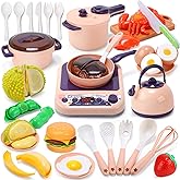 CUTE STONE 31-Piece Kids Kitchen Accessories Set with Sound Effects Induction Cooktop, Realistic Cookware, Utensil & Cuttable