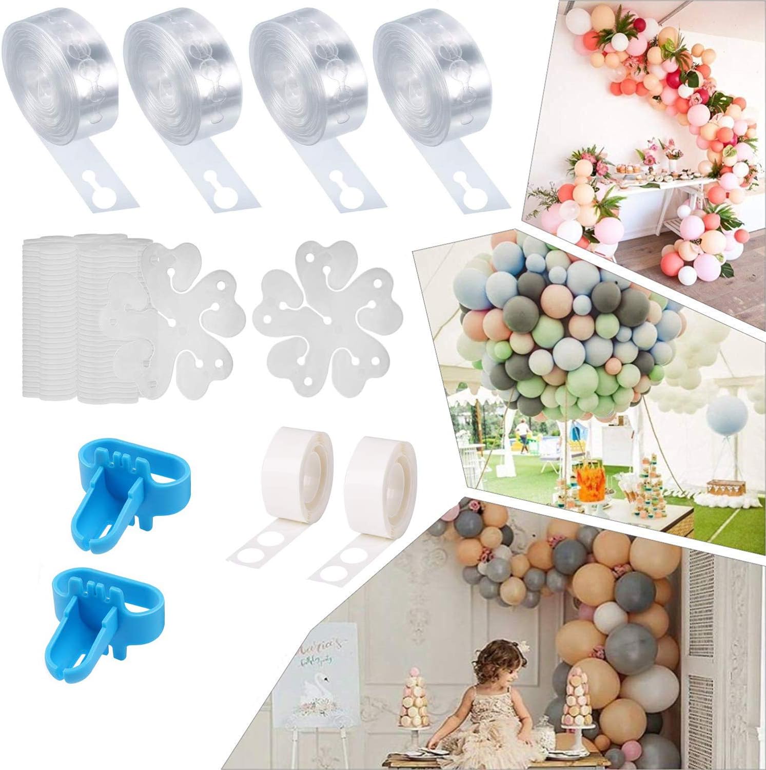 Balloon Arch Garland Decorating Strip Kit-4 Rolls Balloon Decorating Strip,2pcs Balloon Tying Tool,2 Rolls 100 Dot Glue,20pcs Flower Clips for Party Wedding Birthday Xmas Baby Shower Anniversary