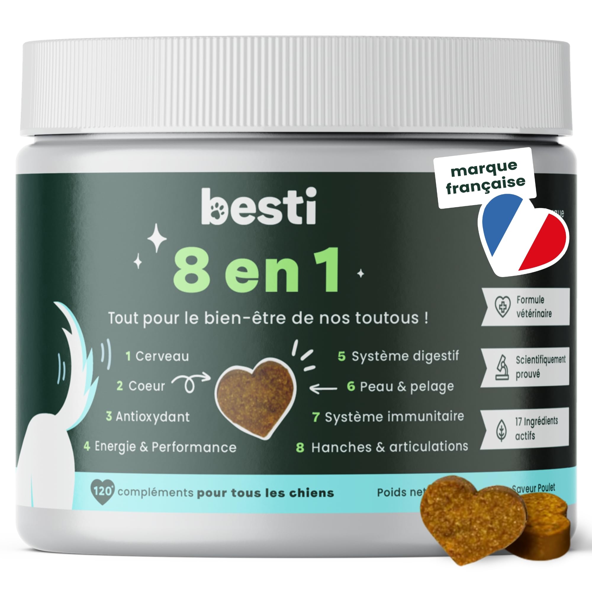 BESTI - 8 en 1 | 120 Compléments Alimentaires Premium Multi-Vit pour Chiens | Vitalité, Probiotiques, Articulations, Pelage, Coeur, Cerveau | Marque Française - Formule Vétérinaire | Au Poulet | 300gr